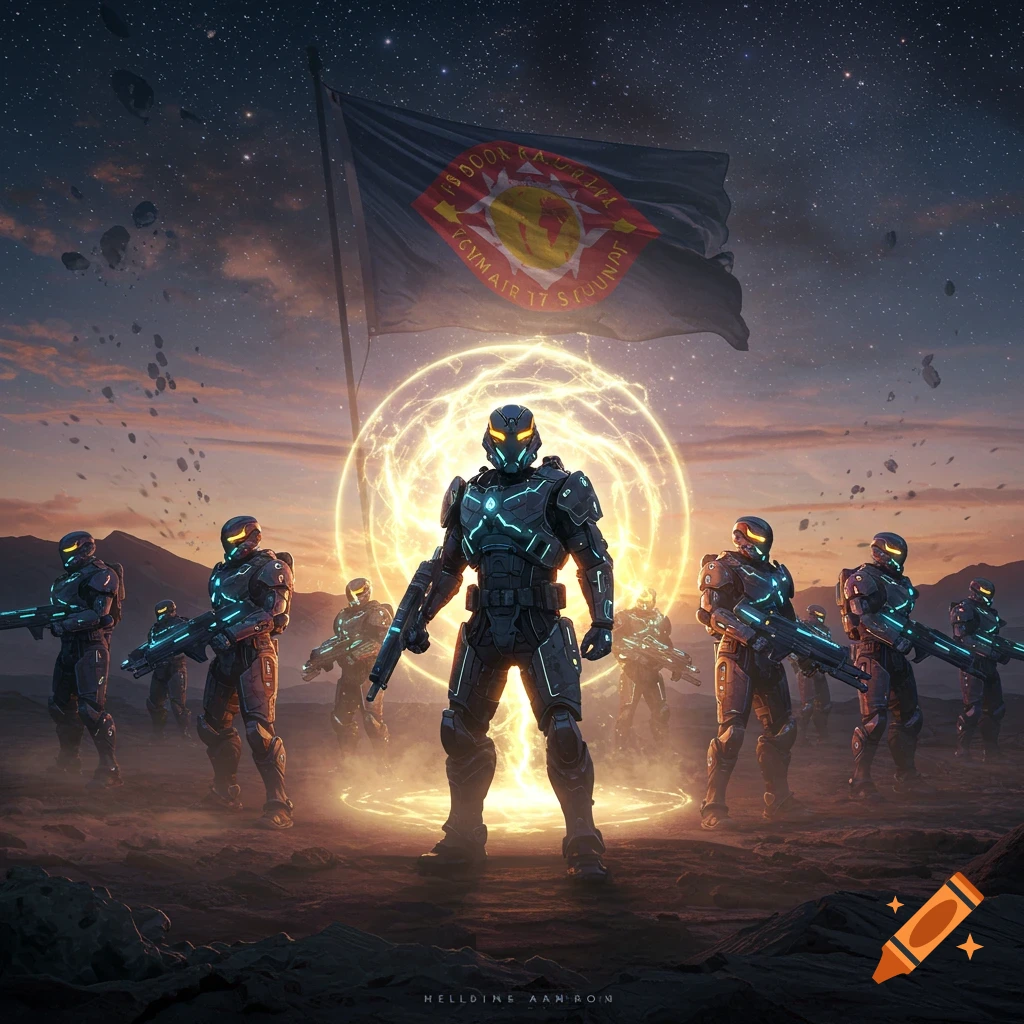 Armored futuristic soldiers stand on an alien planet, one surrounded by a glowing energy field, with a large flag and starry sky.