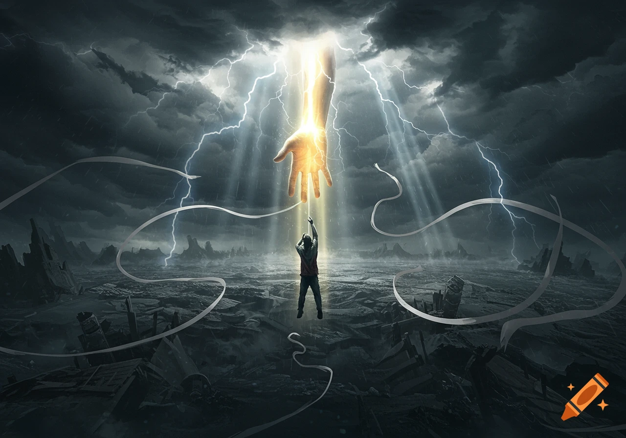 A person reaches up to a glowing hand descending from a stormy, lightning-filled sky over a desolate, dark landscape.