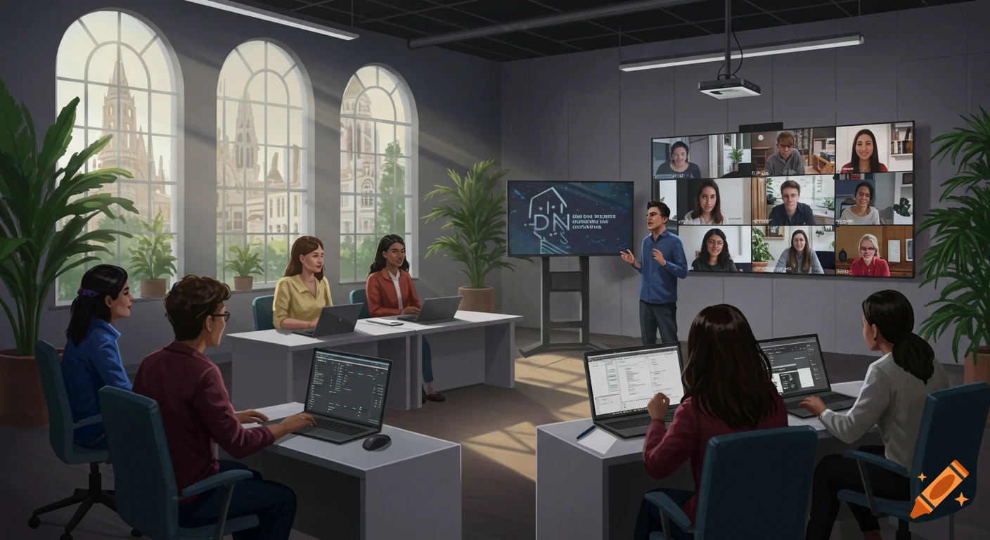 An illustration of a man presenting to a group of people in a meeting room, with several screens showing a video conference call.