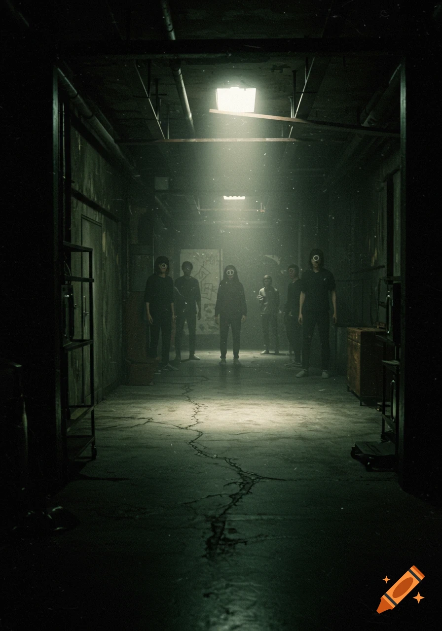 A group of masked figures with glowing eye symbols stand in a dimly lit, dusty, and grungy hallway with cracked floors, illuminated by a single overhead light.