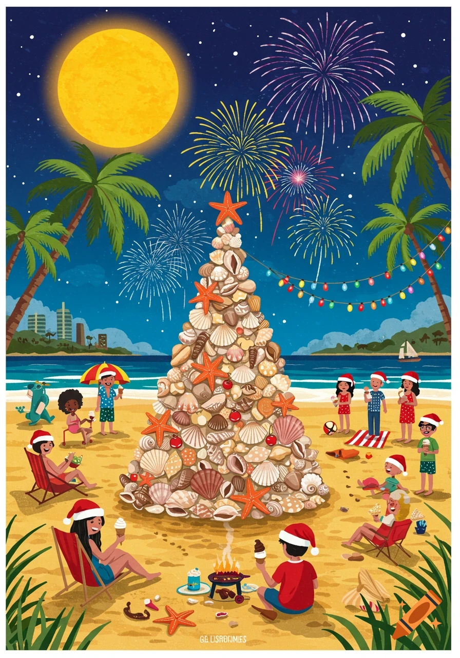 A vibrant cartoon of a Christmas celebration on a beach with a shell and starfish tree, people in Santa hats, fireworks, and fairy lights.