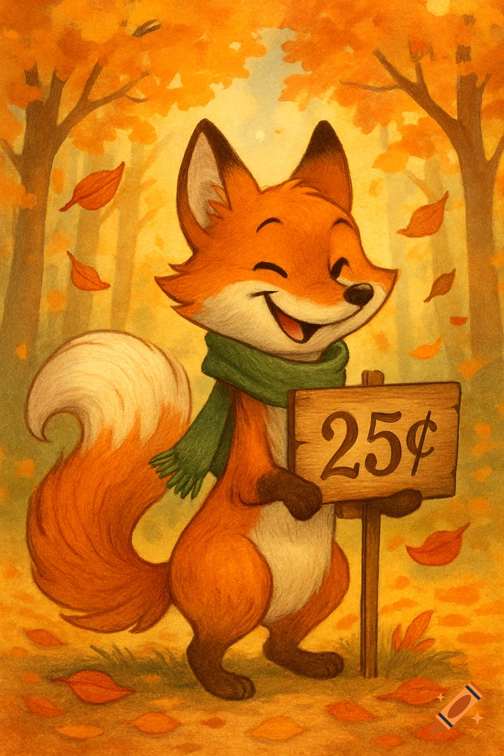 A smiling cartoon fox wearing a green scarf stands in an autumn forest, holding a wooden sign that reads '25¢'.