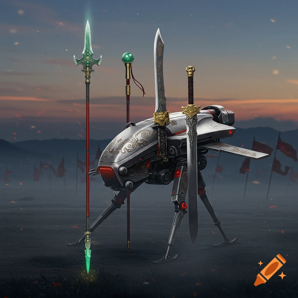 A futuristic combat drone equipped with traditional Chinese weapons, including a spear and two swords, standing on a misty battlefield at dusk.