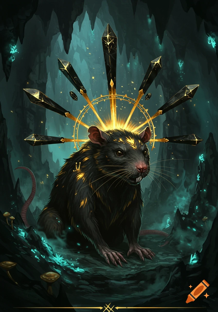 A dark, fantasy art illustration of a rat god with golden markings and a halo, surrounded by black crystal staffs in a mystical cave.