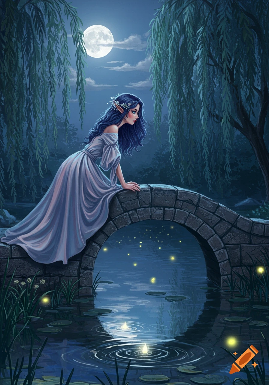 An elf in a white dress leans on a stone bridge, looking at glowing lights on moonlit water under weeping willows, fantasy illustration.