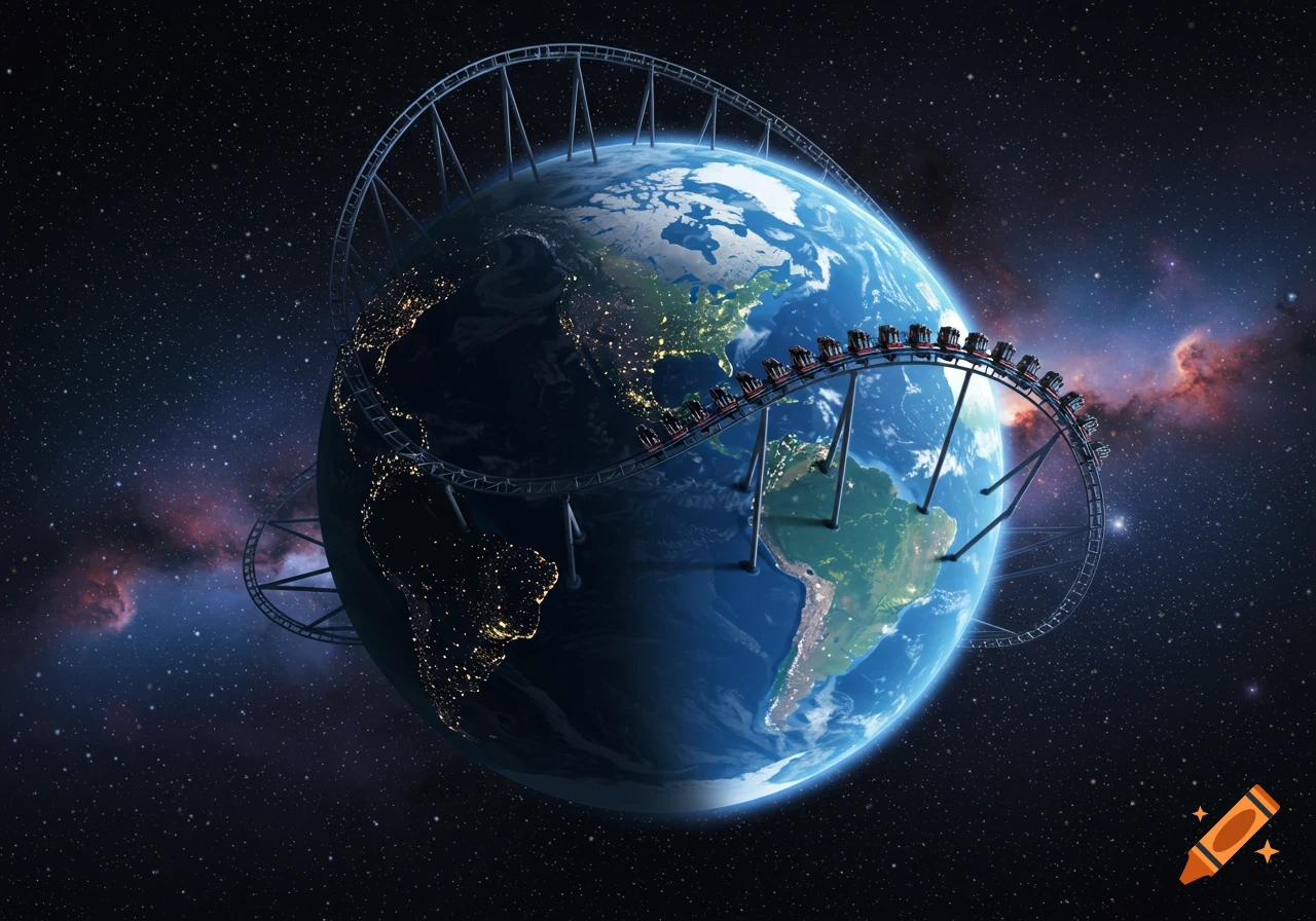 A rollercoaster track wraps around a detailed Earth, seen from space with city lights illuminating the night side and colorful nebulas in the background.