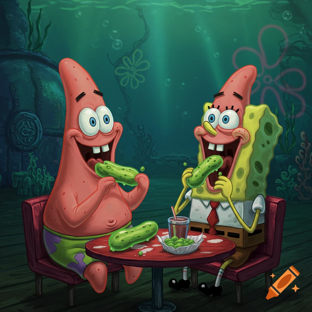 Spongebob and Patrick happily eat pickles at a small table underwater in a cartoon style.
