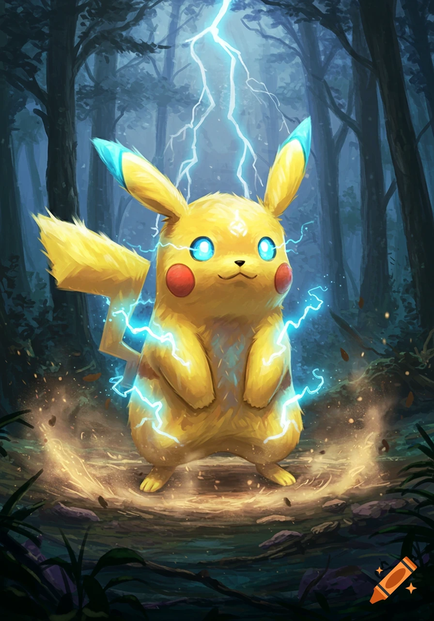 Pikachu with glowing blue eyes and lightning stands in a dark, mystical forest. Digital art.