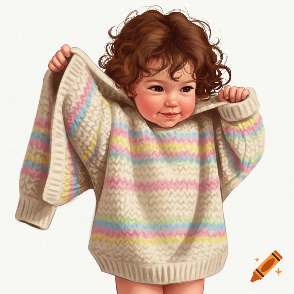 A cute toddler with curly brown hair puts on an oversized, pastel striped sweater, illustrated.