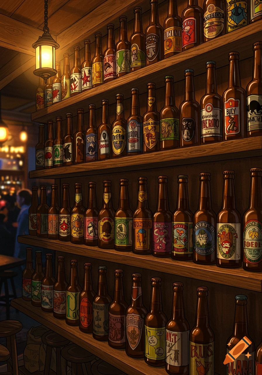 Numerous beer bottles with colorful, garbled labels displayed on wooden shelves in a dimly lit bar.