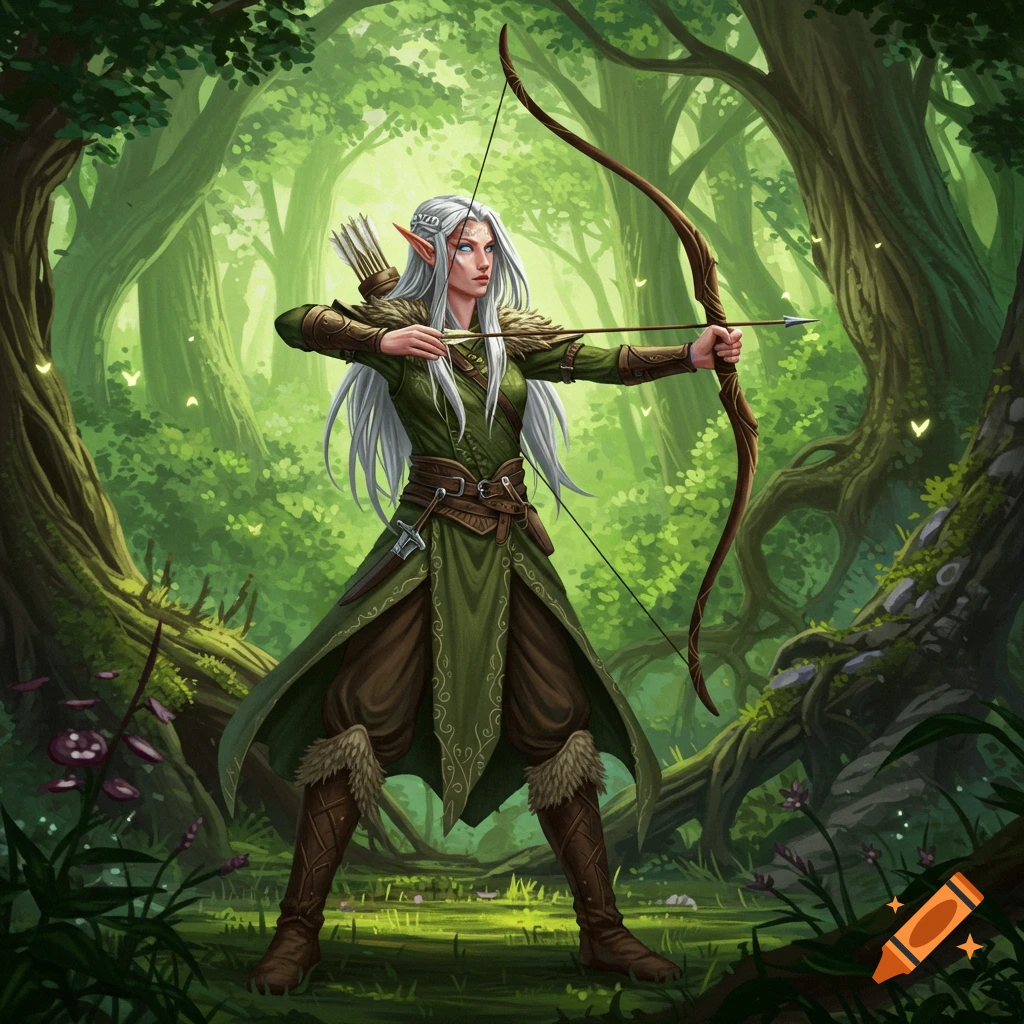 A white-haired elf archer in green attire aims a bow in a lush forest with glowing fireflies.