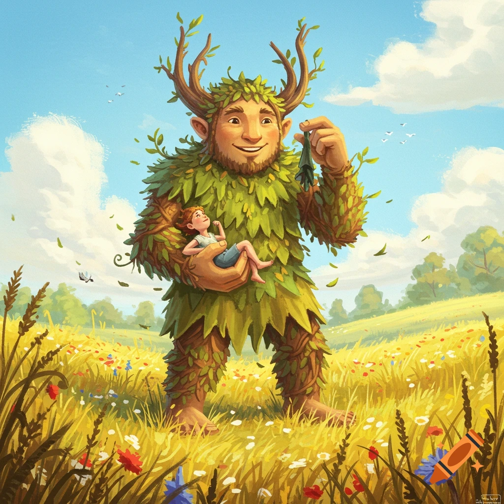 A large, smiling green nature spirit made of leaves and branches holds a tiny child in a vibrant wildflower field under a blue sky.