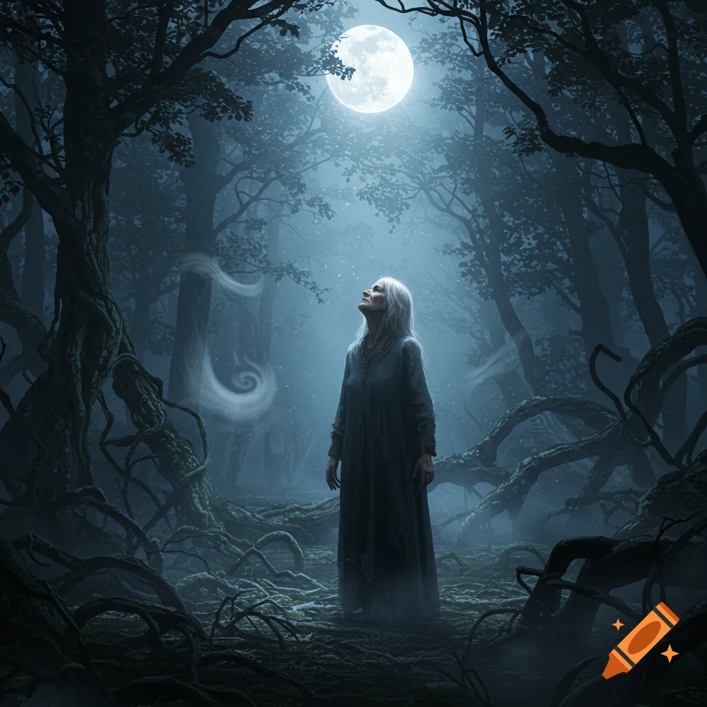 An old woman with white hair stands in a dark, gnarled forest at night, looking up at a bright full moon.