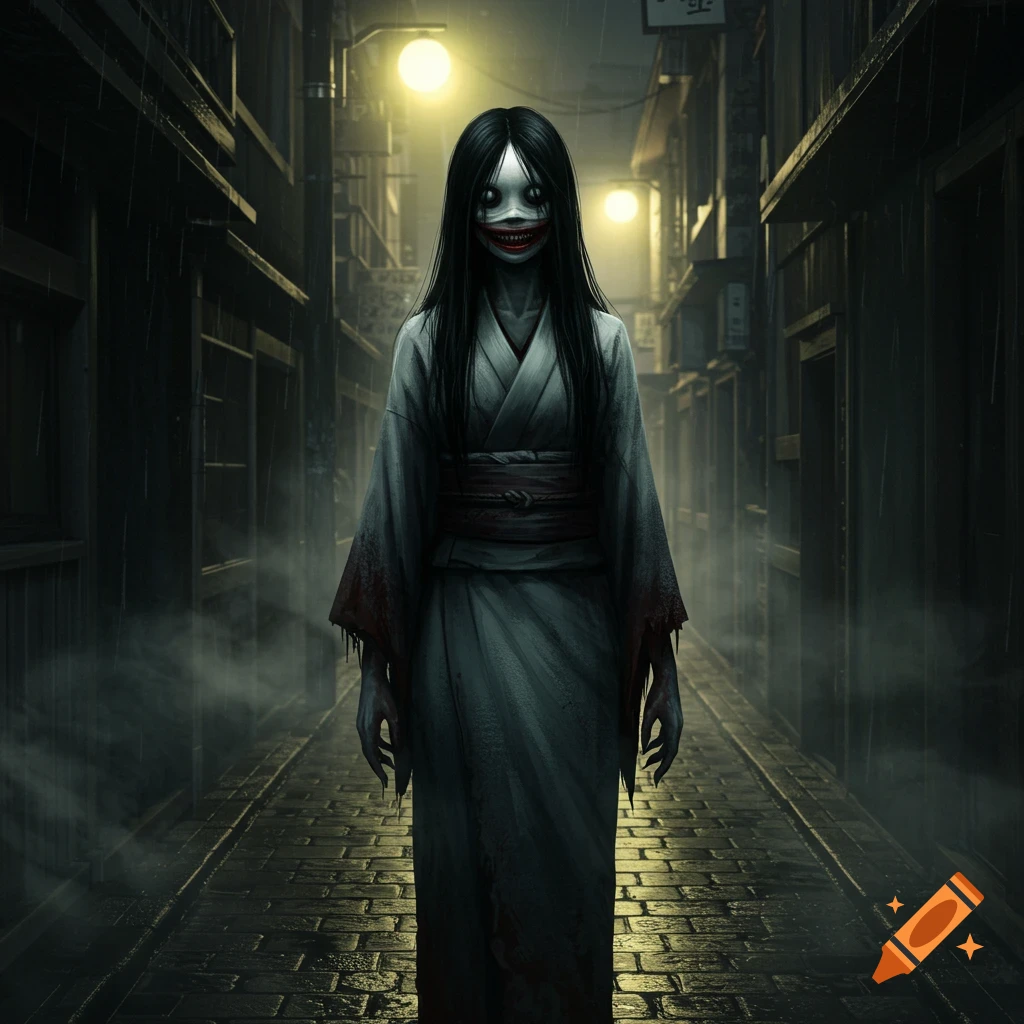 A terrifying, pale Kuchisake Onna in a blood-stained kimono stands in a dark, rainy Japanese alleyway with glowing streetlights.