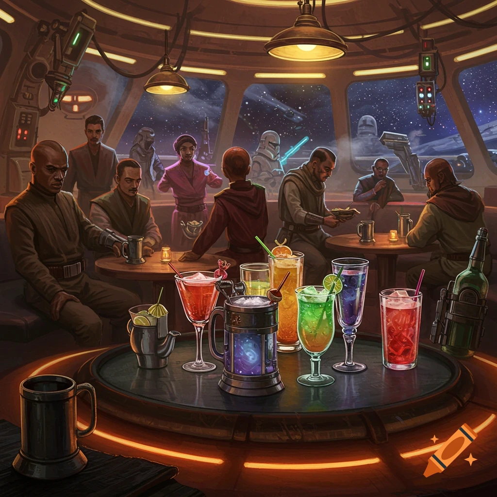 Diverse characters gather in a sci-fi cantina, socializing and drinking at a glowing bar with a view of space.