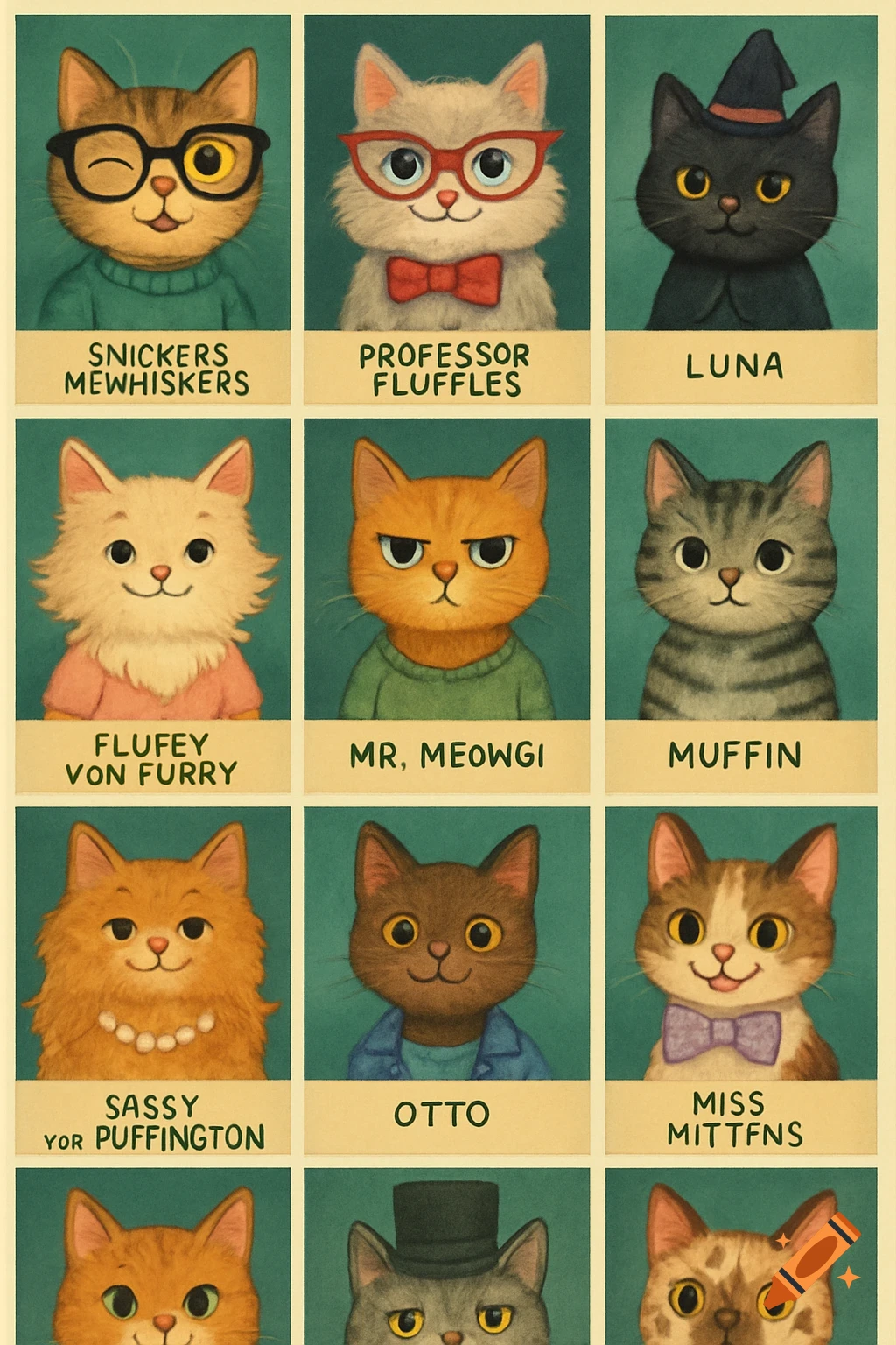 A grid of twelve cartoon cat portraits in a yearbook style, each with a name below. Cats wear glasses, bow ties, or hats on a teal background.