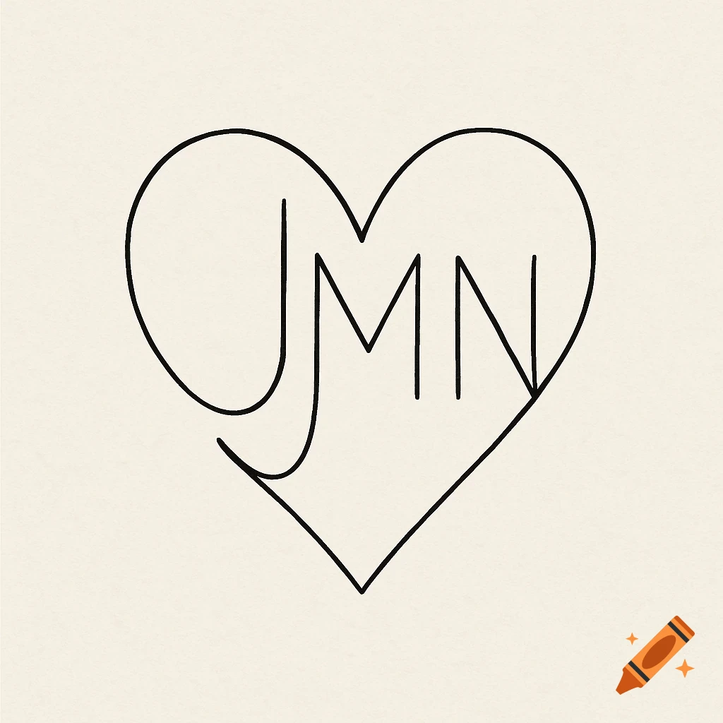 A fine line drawing of a heart shape with the letters J, M, and N integrated into its outline on a light background.