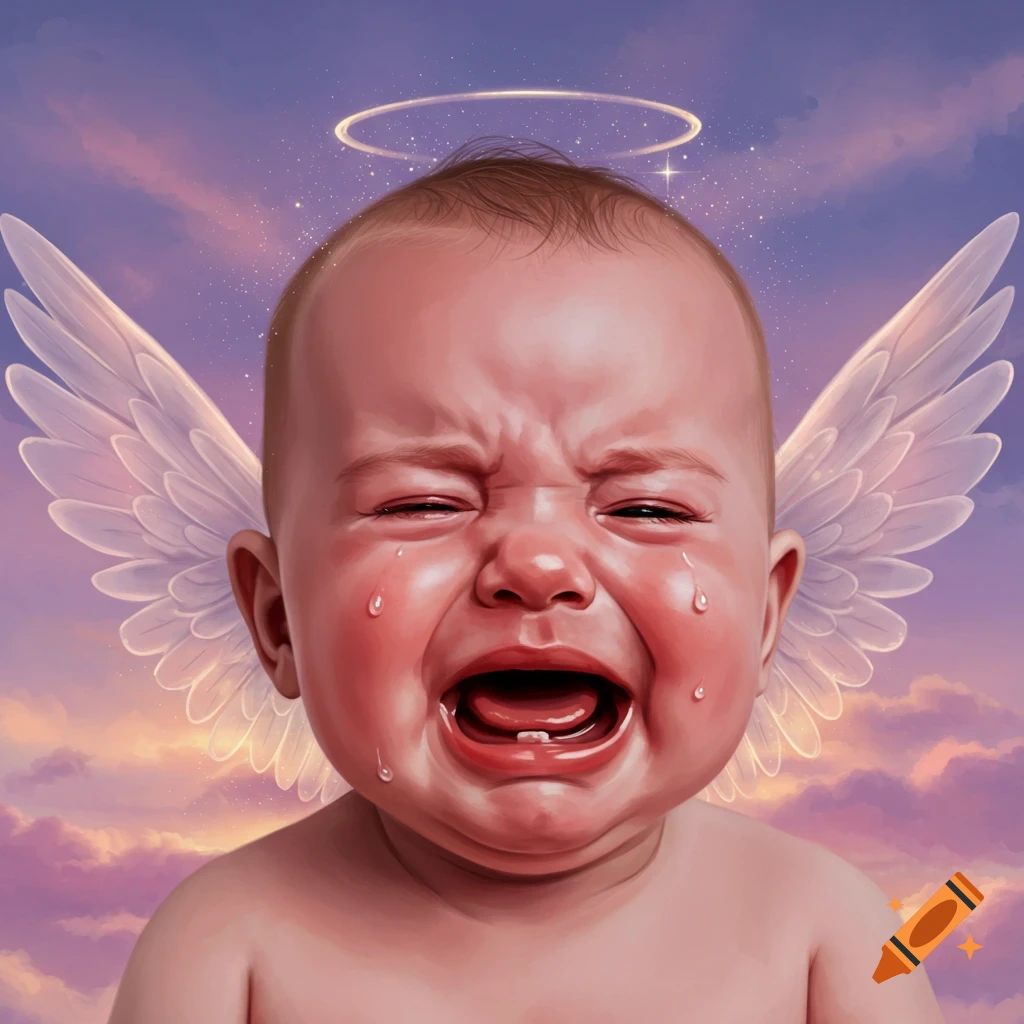 A realistic, crying baby with angel wings and a halo against a purple and pink cloudy, starry sky.