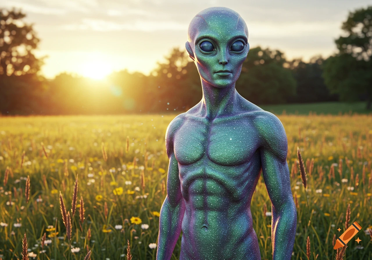 A photorealistic green and purple alien with glowing speckles stands in a sunlit field at sunset.