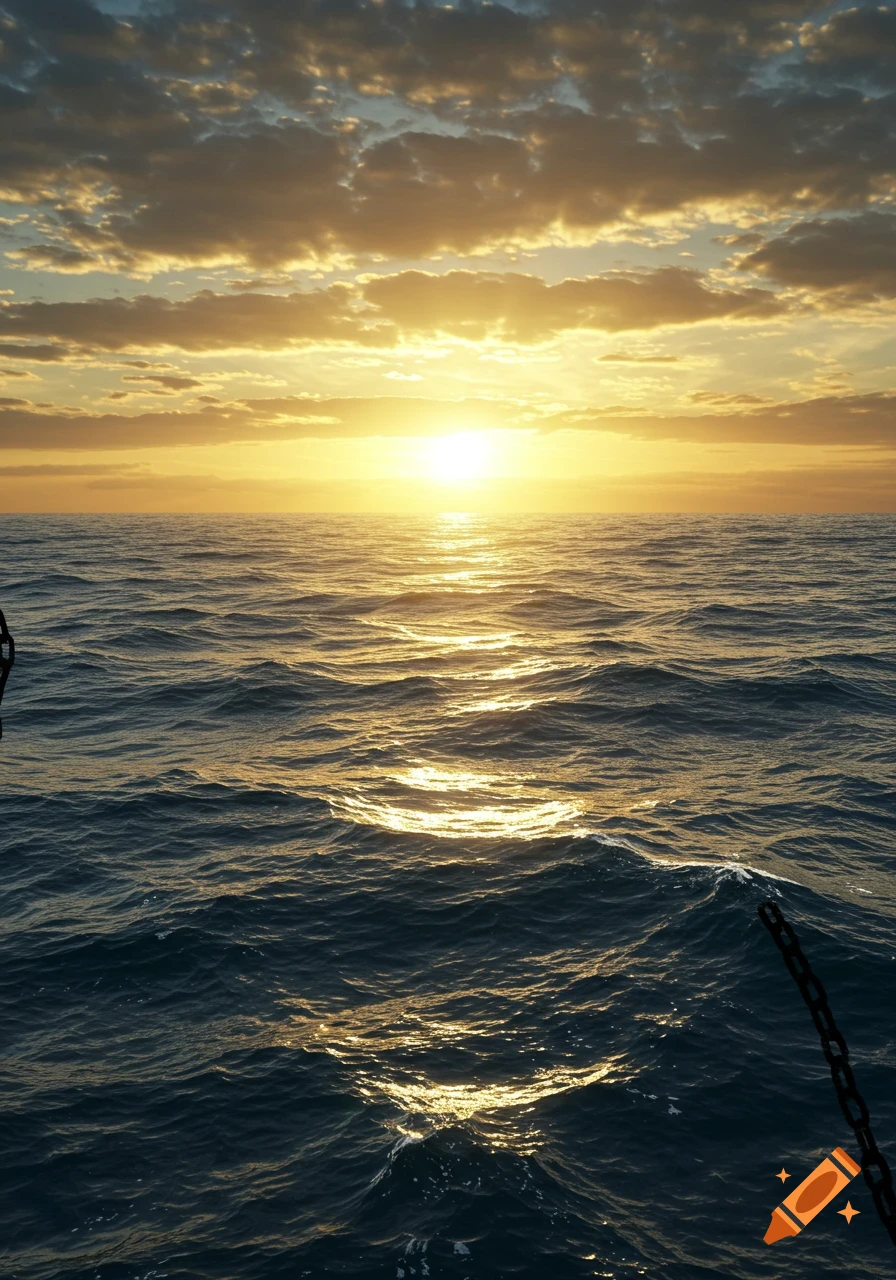A photorealistic golden sunset over a dark blue, wavy ocean, with sunlight reflecting on the water and clouds in the sky. Chains are visible on the left and right edges.