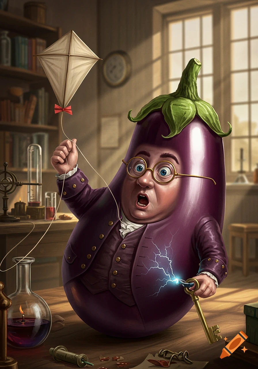 An illustration of Benjamin Franklin as a purple eggplant, holding a kite and a key sparking electricity in a colonial laboratory.