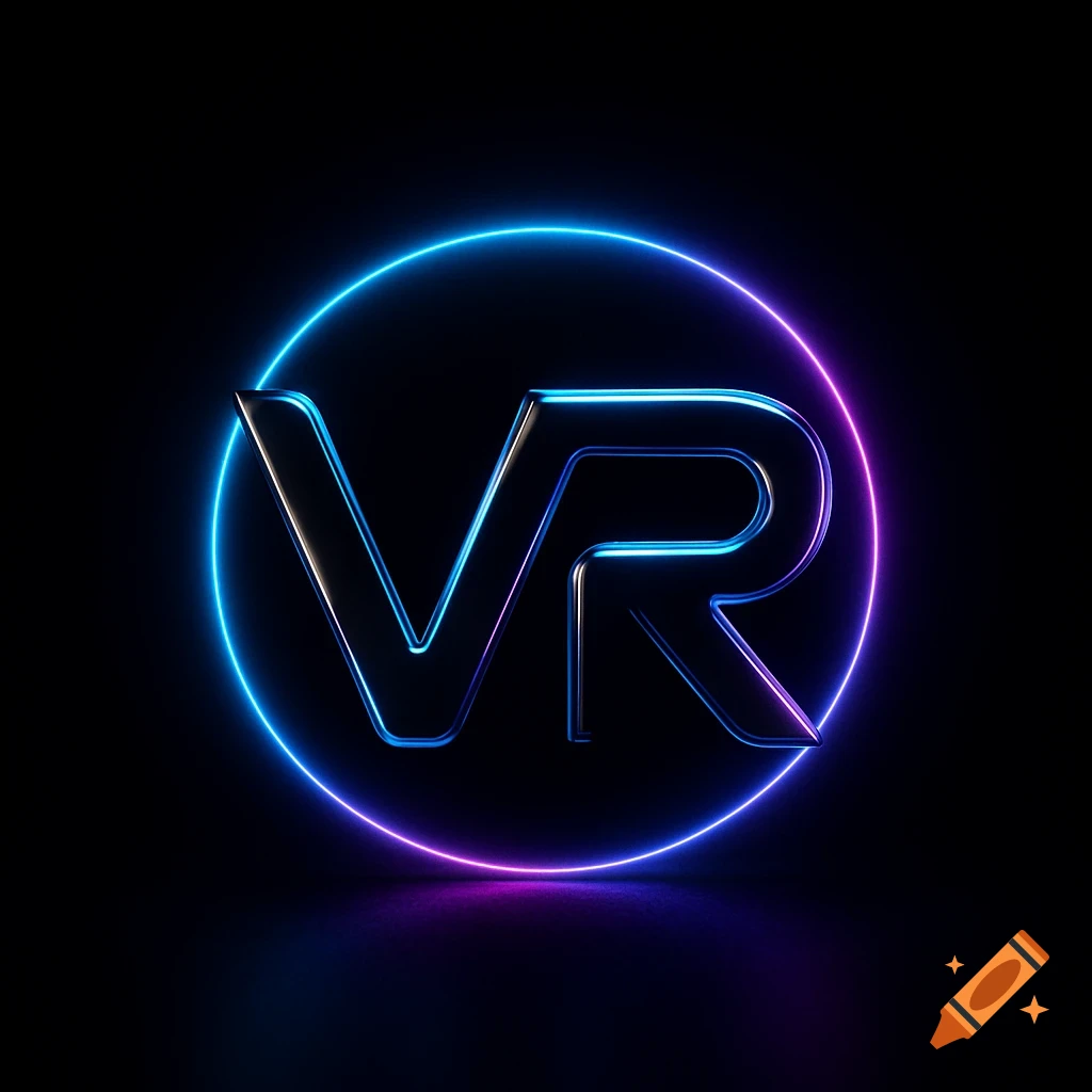 A stylized neon blue and purple 'VR' logo glows within a circular neon outline on a dark reflective surface.