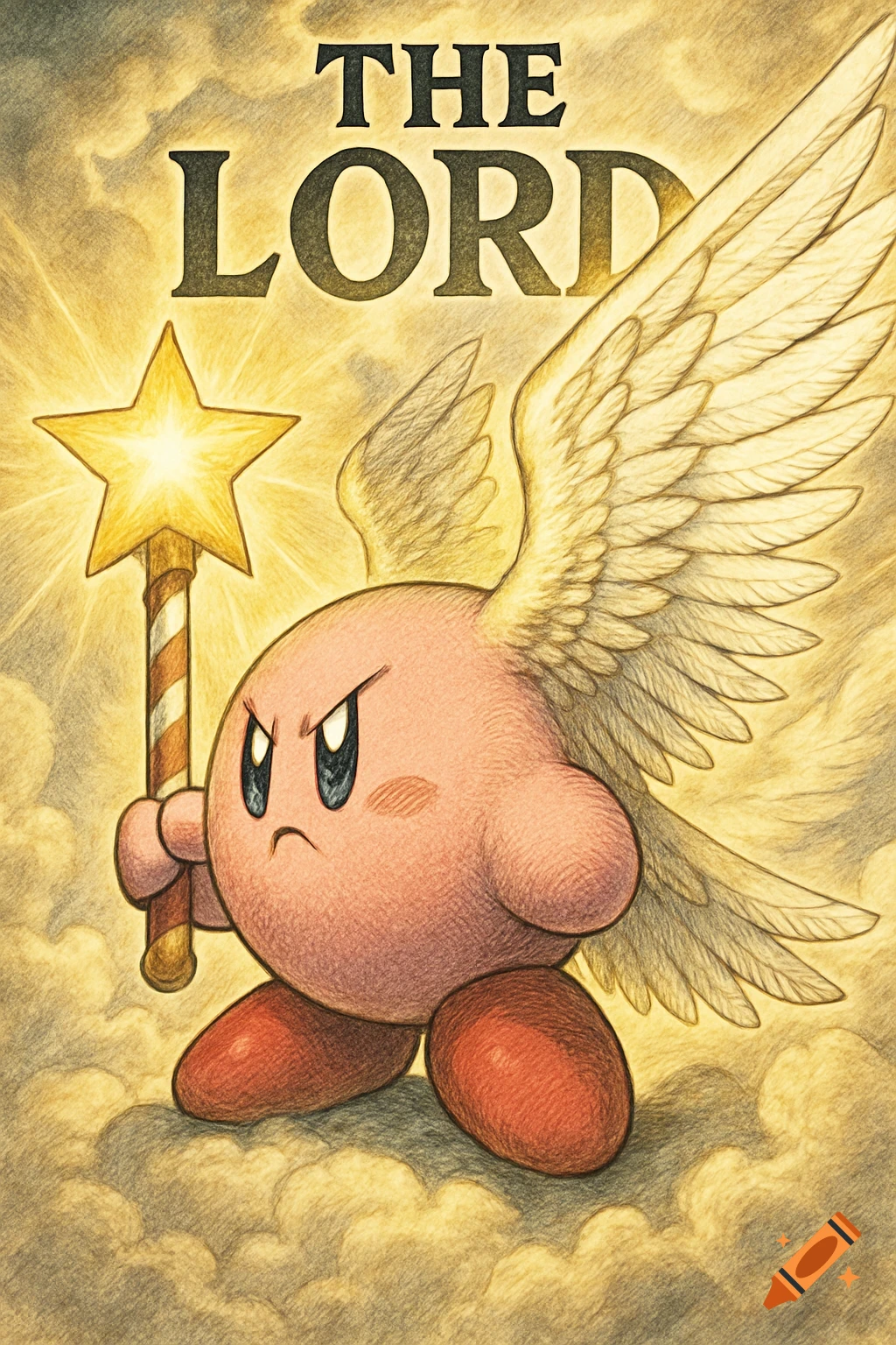 A determined, angry Kirby with white feathered wings holds a glowing star rod, floating in a yellowish cloudy heaven, with "THE LORD" text above him, in an anime manga art style.