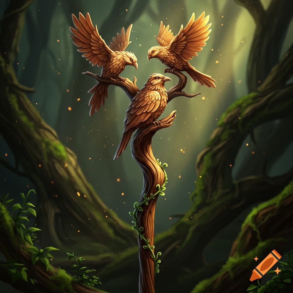 Three stylized brown birds perched on a gnarled tree branch in a mystical, glowing forest with fireflies.