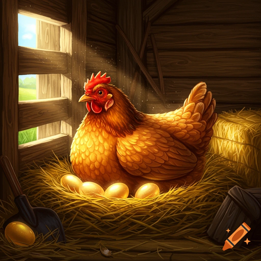 A detailed illustration of a brown hen sitting on a nest of golden eggs inside a sunlit wooden coop.