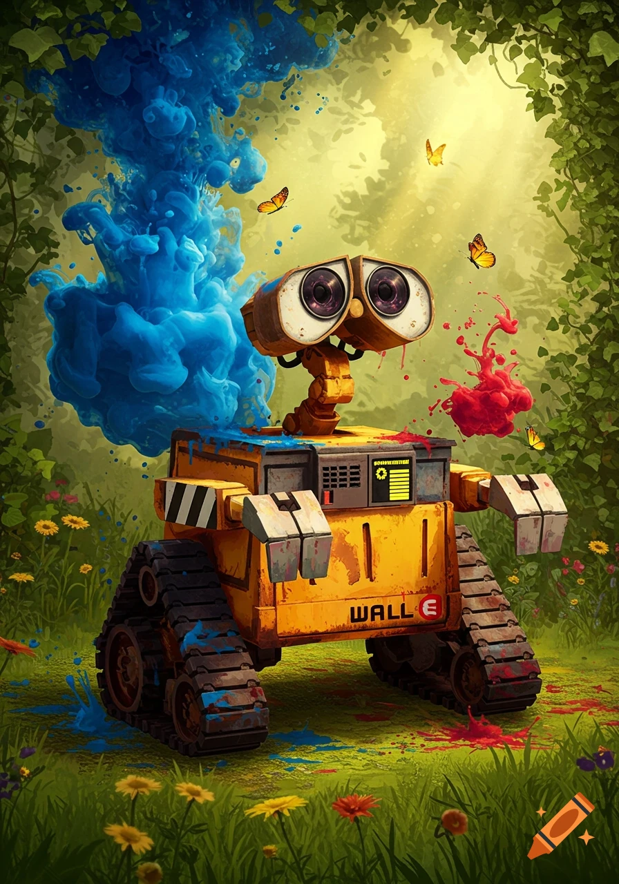 The robot WALL-E stands in a lush green forest, splattered with blue and red ink, with a large blue ink plume behind it and butterflies in the air.