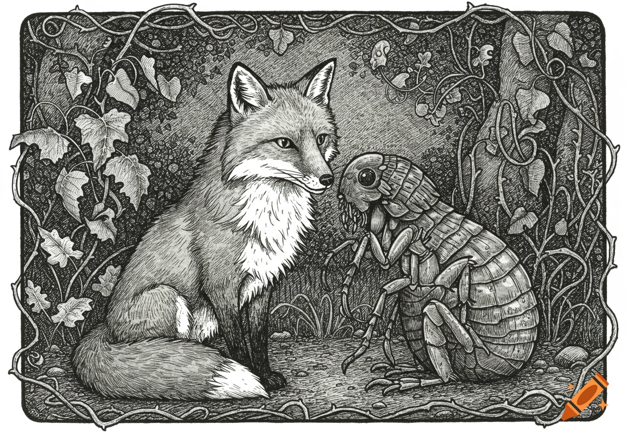 Black and white ink drawing of a fox and a giant flea, the flea whispering in the fox's ear, surrounded by vines and foliage.