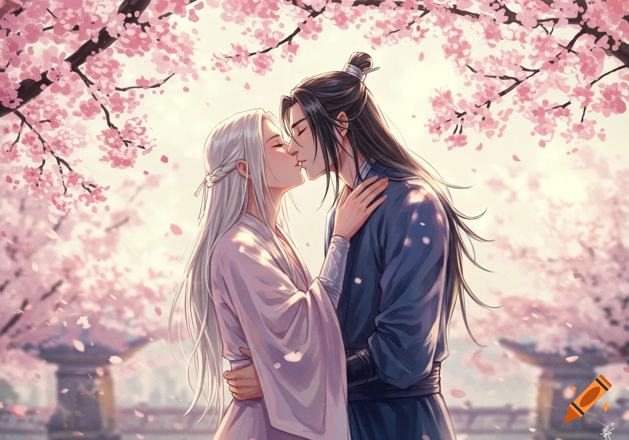 Two anime characters, one with white hair and one with black hair, kiss passionately under a canopy of pink cherry blossoms.