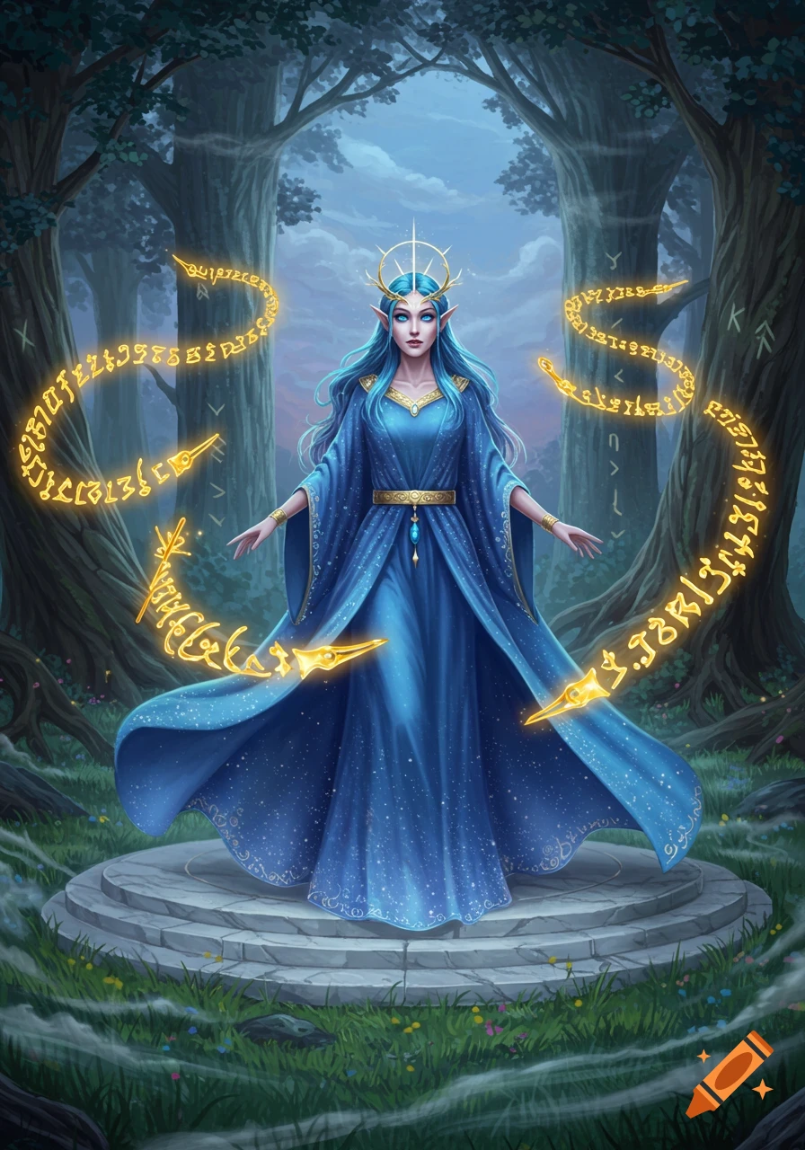 A blue-haired elf-like goddess in a blue gown stands on a stone altar in a mystical forest, surrounded by glowing golden symbols.