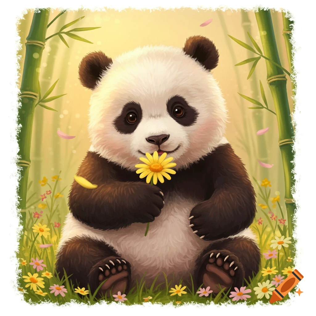 A cute, smiling baby panda sits in a grassy field with colorful flowers, holding a yellow daisy in a bamboo forest.