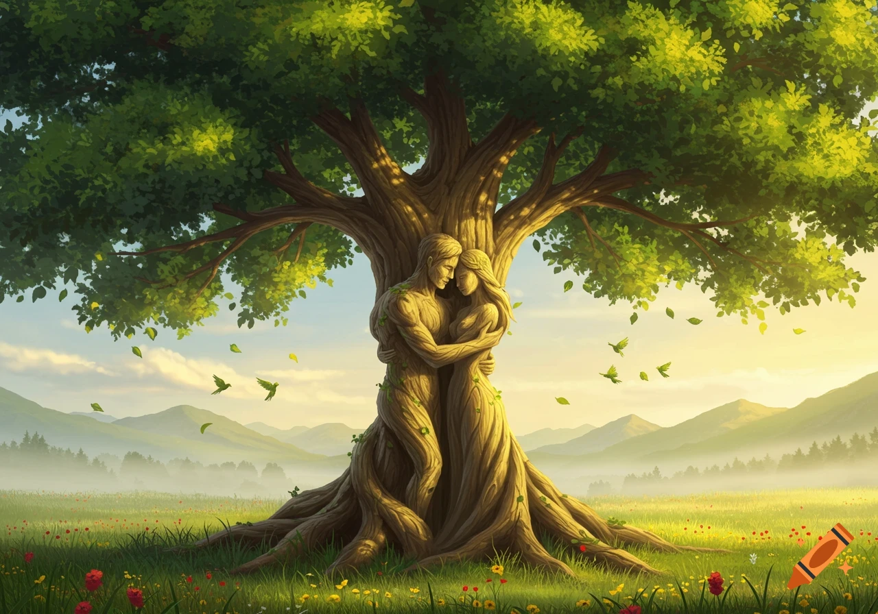 A large Tree of Life where a man and woman embrace as its trunk, in a vibrant green field with mountains. Digital art.