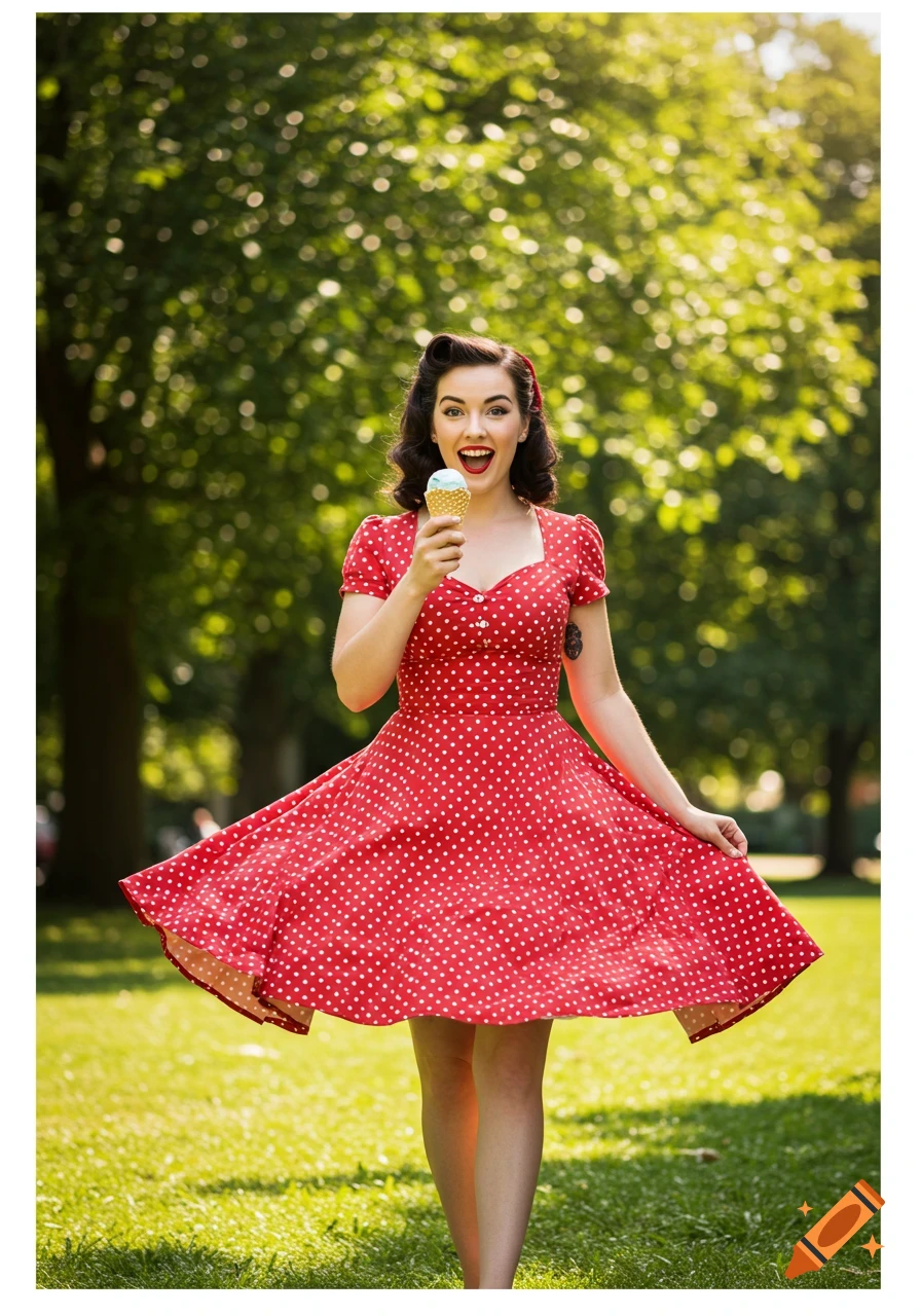 A smiling pin-up woman in a red polka dot dress eats ice cream in a park, her skirt fluttering.
