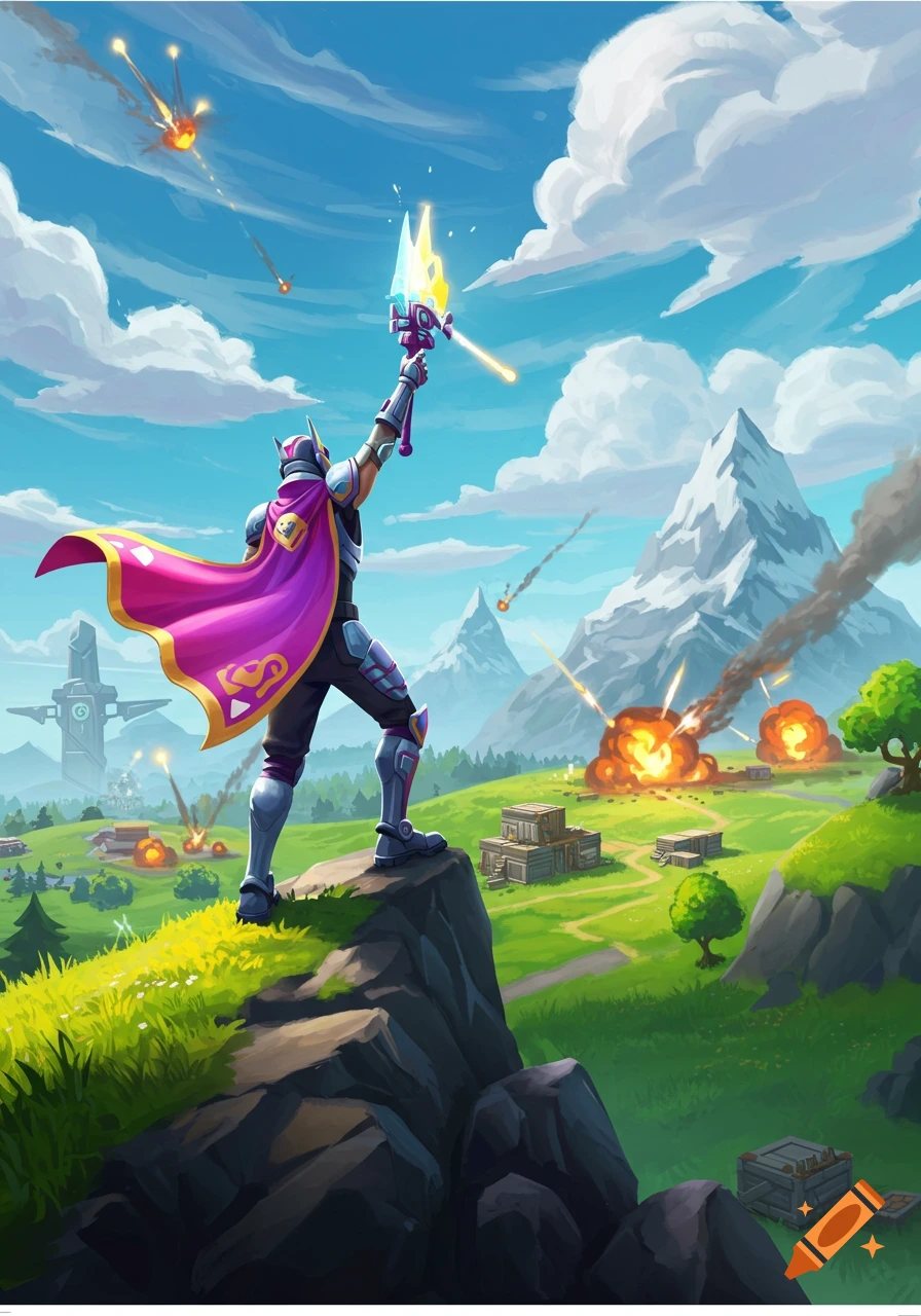 A cartoon warrior in silver armor and magenta cape stands on a rock, holding a glowing sword over a battlefield with explosions.
