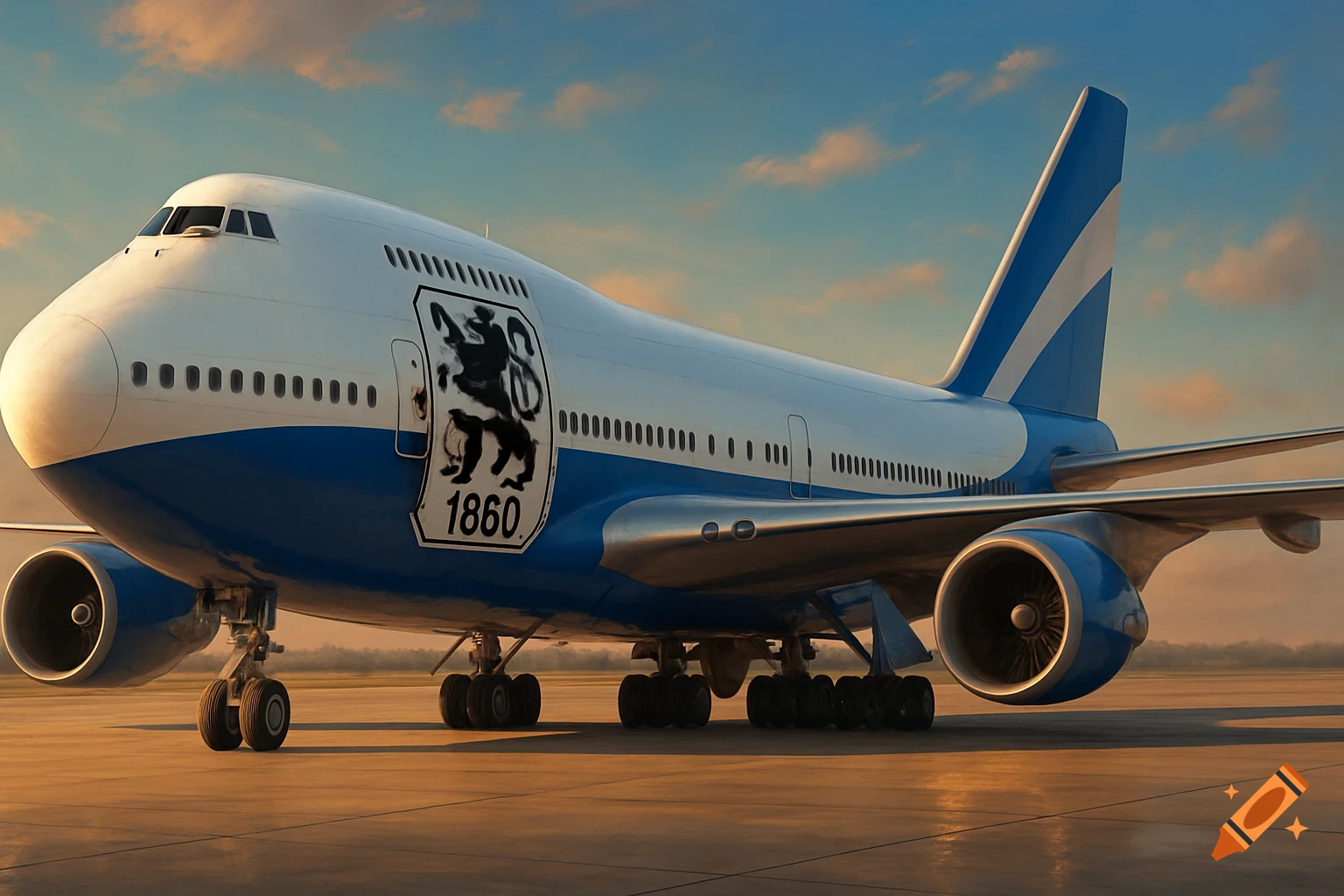 Photorealistic white and blue Boeing 747 with a black lion crest and '1860' on its side, parked on an airfield at sunset.