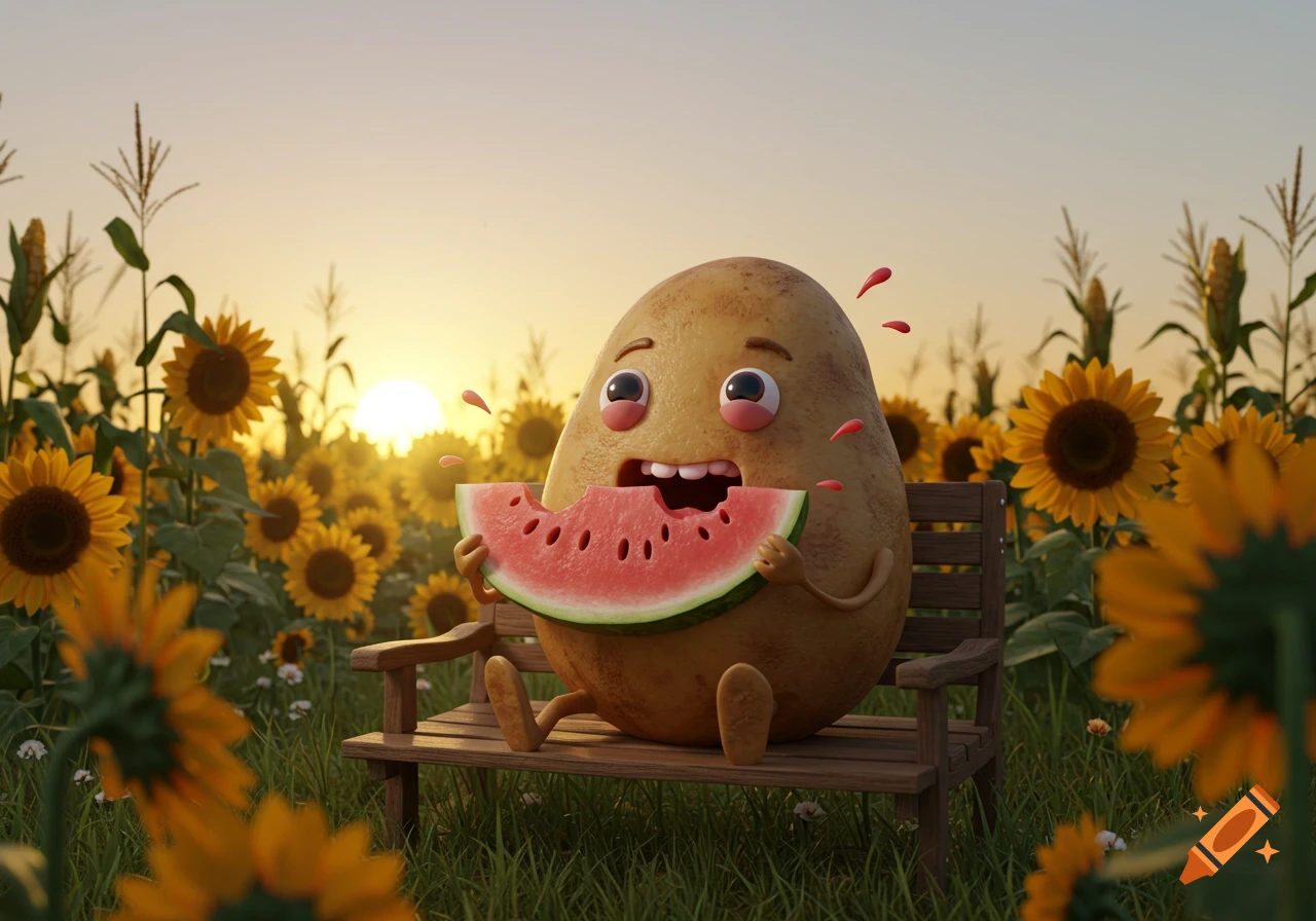 A cute 3D cartoon potato sitting on a bench in a sunflower field at sunset, happily eating a slice of watermelon.