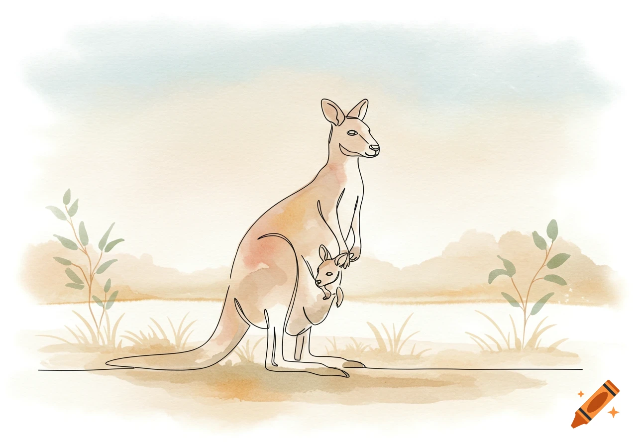 A continuous line watercolor illustration of a mother kangaroo with a joey in her pouch, against a soft natural background.