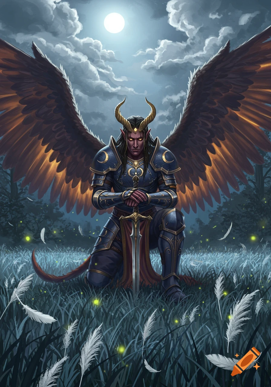 A dark-skinned horned warrior with large wings, wearing blue armor, kneels in a moonlit forest with a sword.