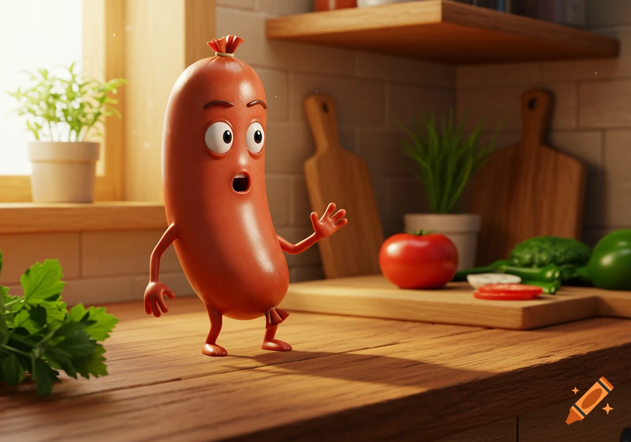 A surprised cartoon sausage character with arms and legs stands on a wooden kitchen counter with vegetables and cutting boards in the background, 3D render.