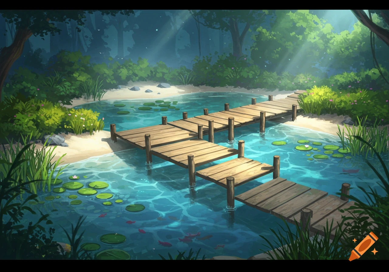 An anime-style illustration of a serene pond with wooden walkways, lily pads, and small fish, surrounded by lush green foliage and sunbeams filtering through the trees.