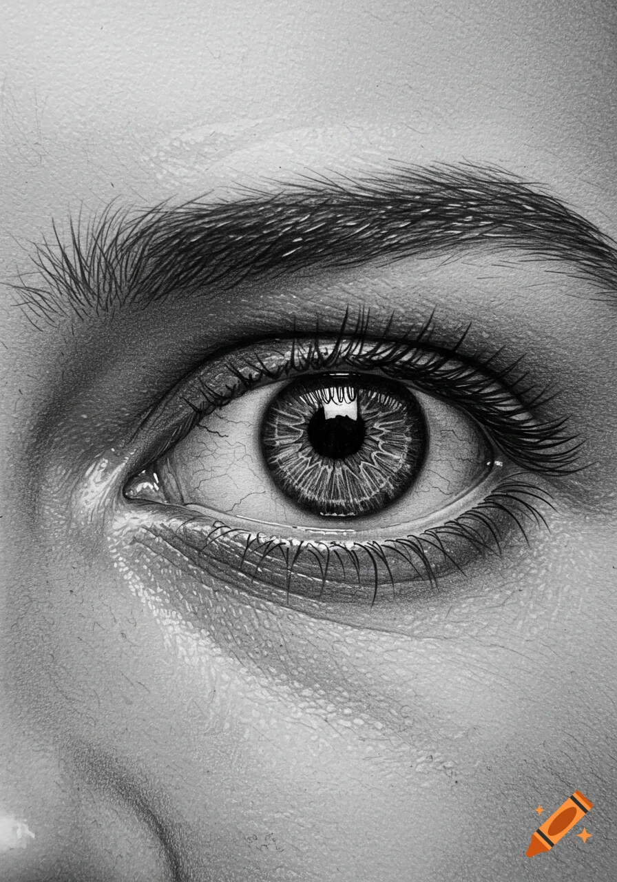 A highly detailed monochromatic pencil drawing of a human eye, showing the iris, pupil, eyelashes, eyebrow, and skin texture.