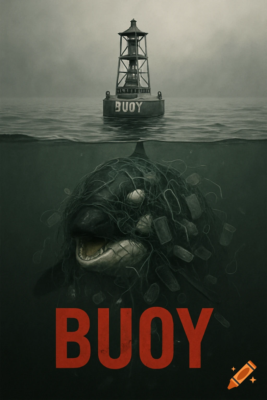 Dark movie poster: Orca entangled in plastic and fishing nets underwater, with a buoy on a misty ocean. Title 'BUOY'.