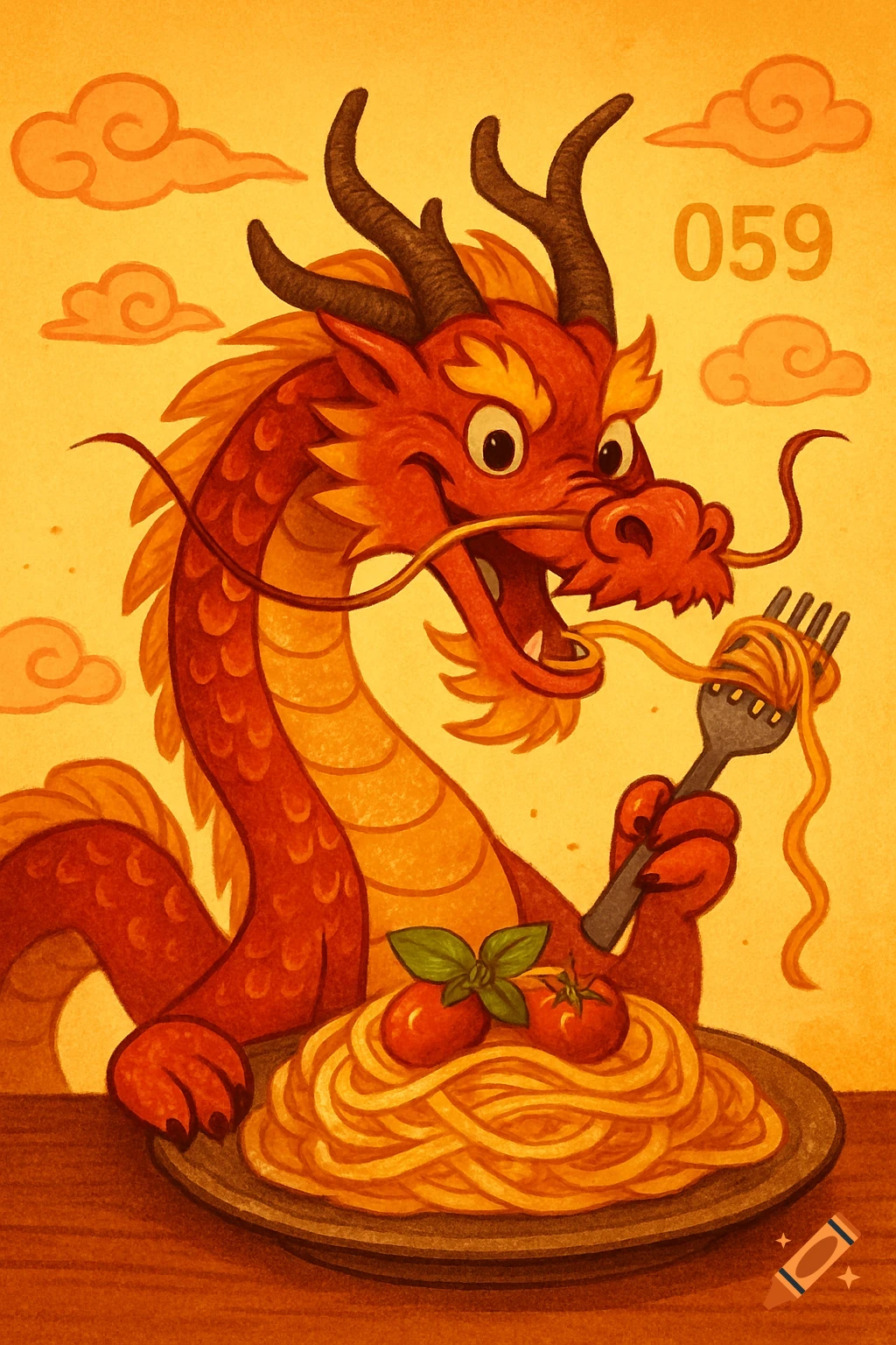 Whimsical illustration of a happy red Chinese dragon eating spaghetti with a fork from a plate with tomatoes and basil.