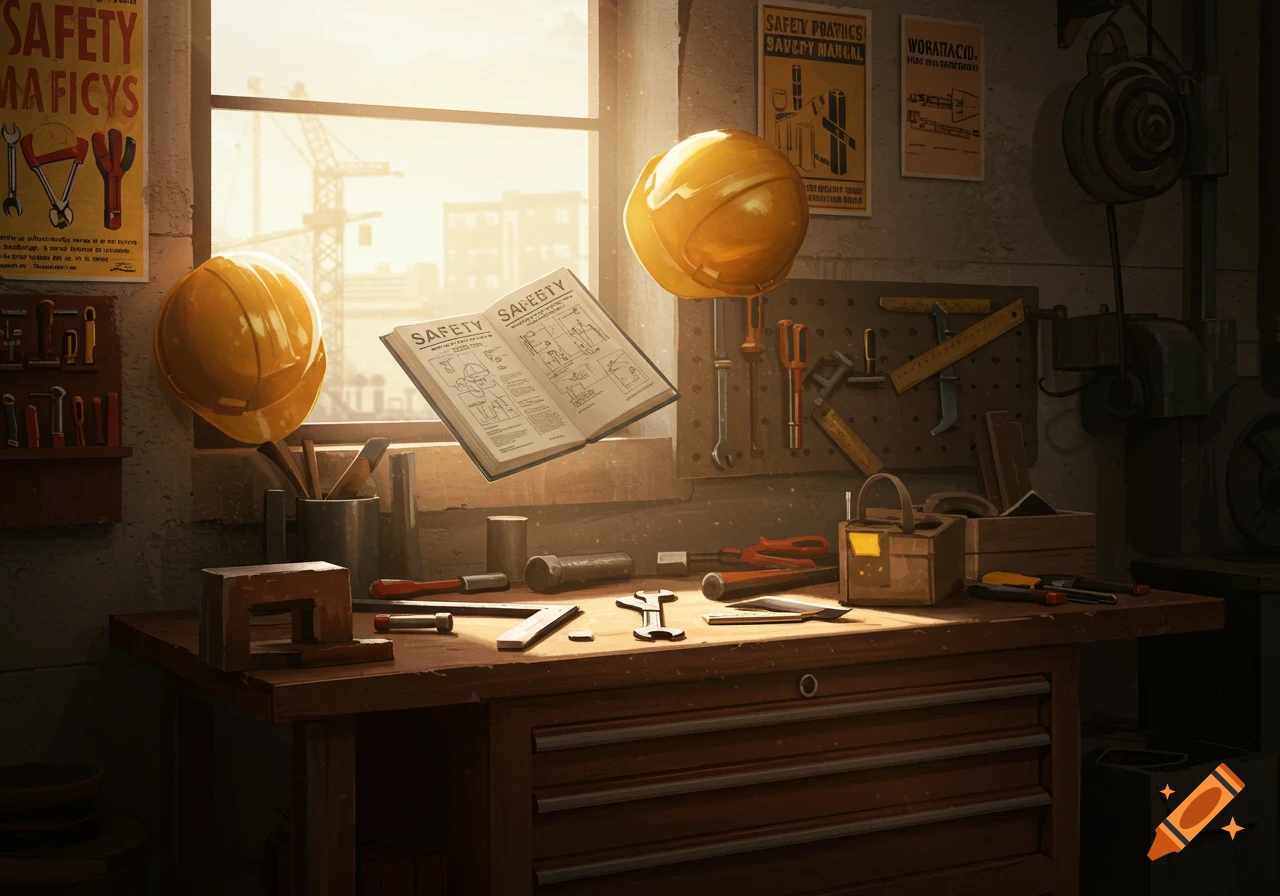 A sunlit workshop features a workbench full of various tools, two yellow safety helmets, and safety posters on the wall.