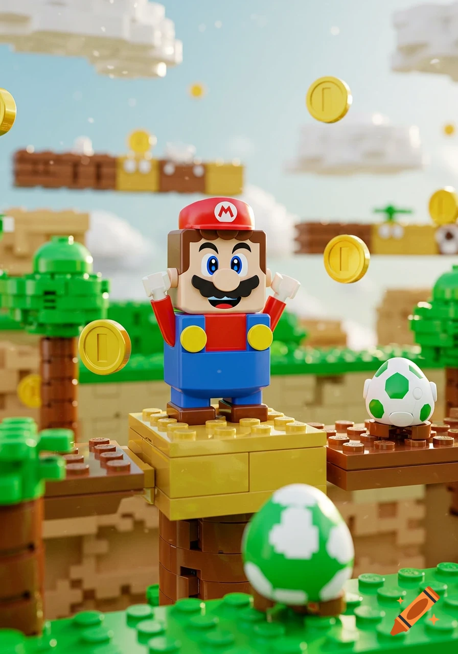 Lego Mario stands on a gold block in a vibrant Super Mario level with floating coins and green Yoshi eggs.