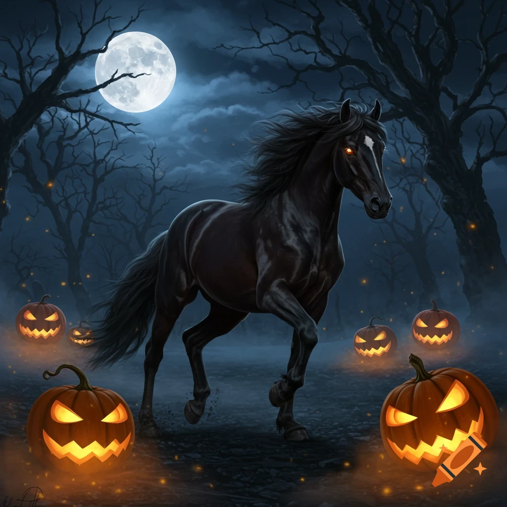 A spooky black horse with glowing red eyes trots through a bare forest at night, illuminated by a full moon and several glowing jack-o'-lanterns.