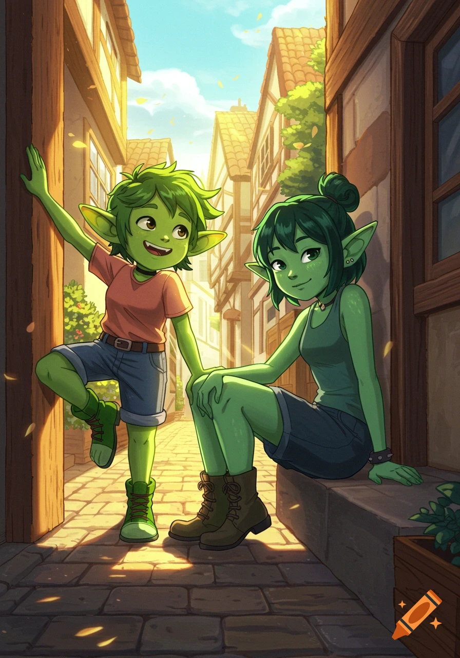 Two anime-style green-skinned characters, one boyish and one ladylike, stand and sit in a sunny old town alley.